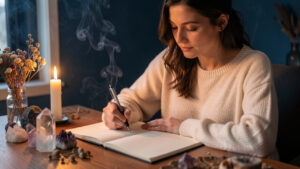 Femme sereine tenant un stylo au-dessus d’un carnet aux pages vierges, éclairée par une bougie dans une ambiance mystique et apaisante.