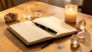Carnet ouvert aux pages vierges avec un stylo, une bougie douce et des cristaux disposés sur une table lumineuse.