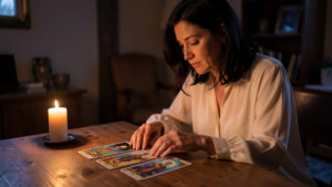 Femme sereine consultant des cartes de tarot illustrées sur une table en bois lumineuse, dans une ambiance douce, chaleureuse et mystique.
