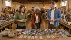 Salon bien-être chaleureux à Champigneulles, avec des allées lumineuses, des cartes inspirées du tarot, des minéraux et des créations artisanales, entourés de visiteurs adultes.