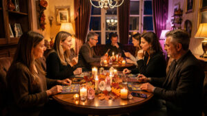 Ambiance chaleureuse d’un salon ésotérique au Rove pour Halloween, avec des stands de tarot, des bougies, des cristaux et des visiteurs échangeant avec des praticiens.